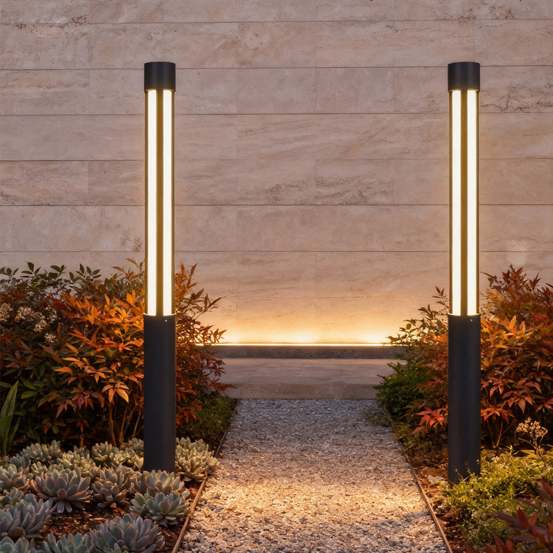Cylinder Outdoor Bollard Light — Black Die-Cast Aluminum, LED, IP54, 10W–35W, 3000K, 31"–157" Heights
