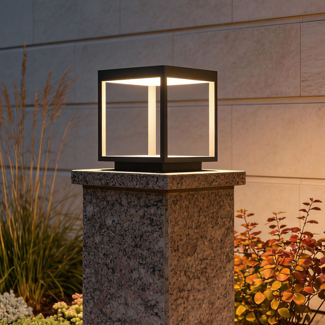 Contemporary Square Open-Frame Solar Pier-Mount Post Light — Stainless Steel & Acrylic, LED, IP54, Warm White 3000K