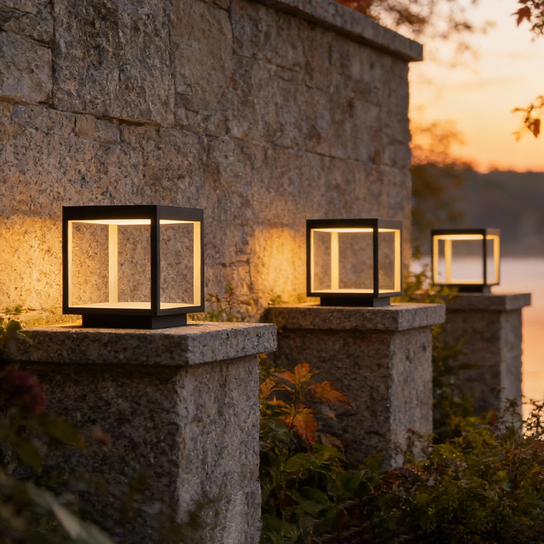 Contemporary Square Open-Frame Solar Pier-Mount Post Light — Stainless Steel & Acrylic, LED, IP54, Warm White 3000K