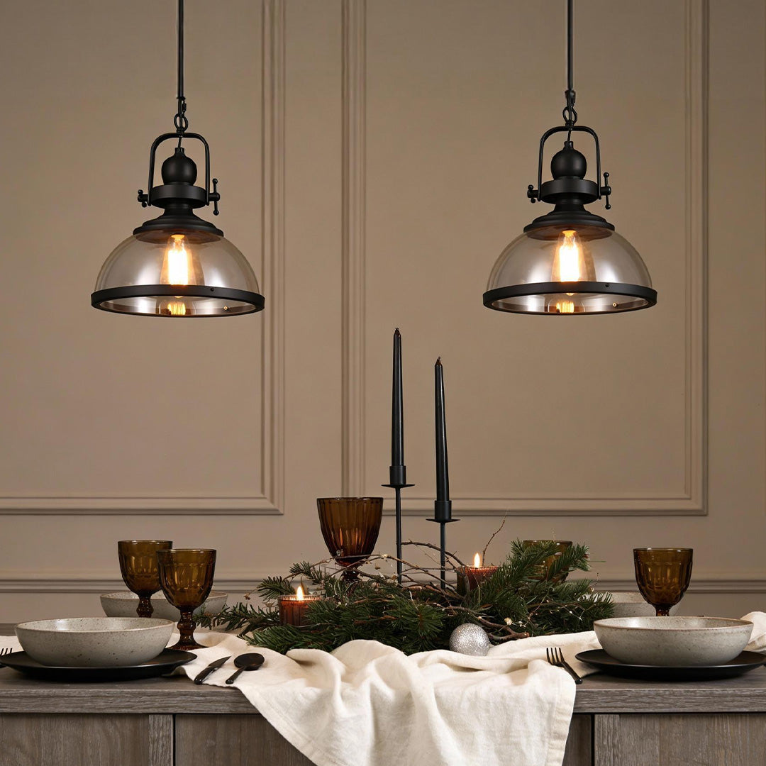 Retro Industrial Bowl Pendant Light — Iron and Antique Glass, E27, Hardwired, 12.2" Diameter