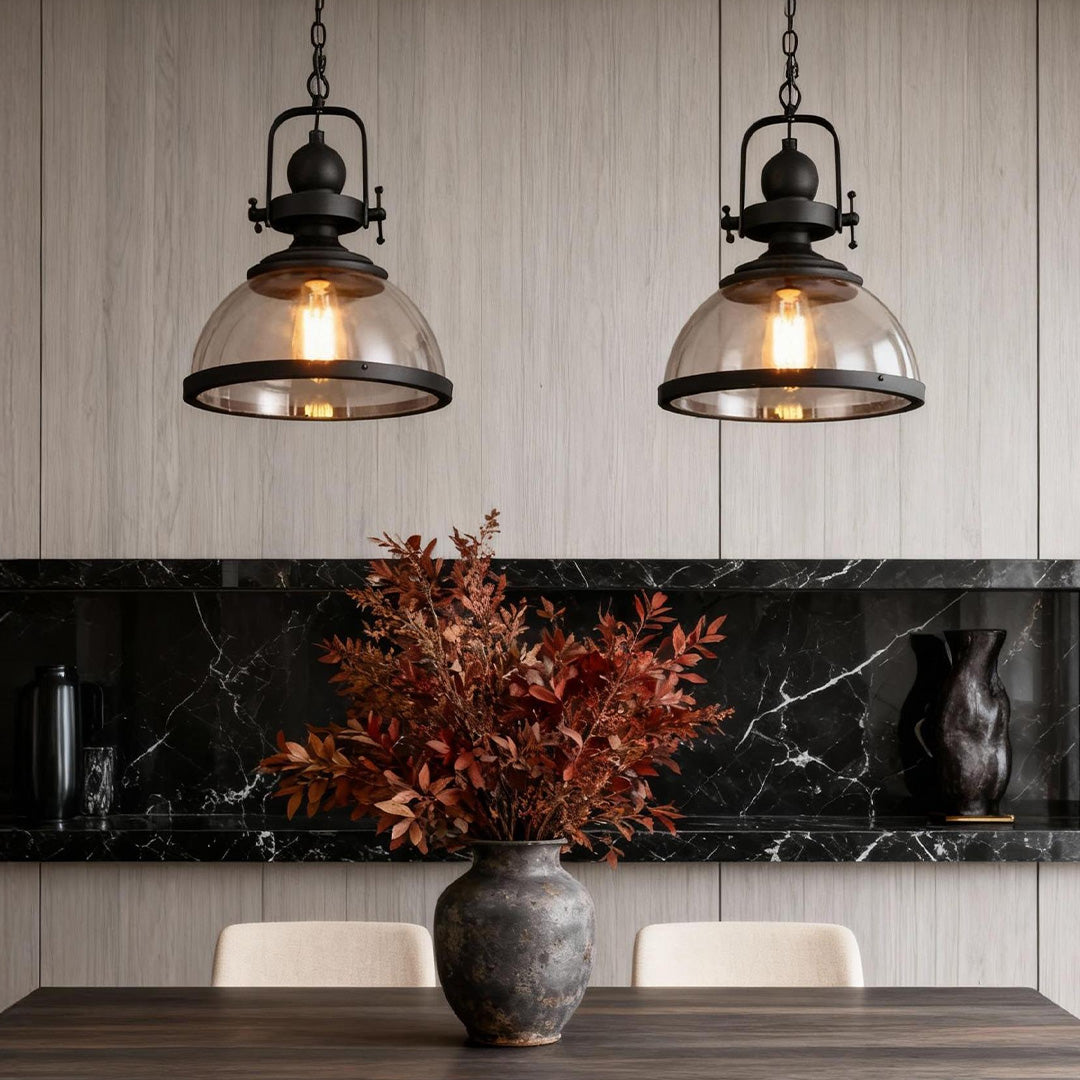 Retro Industrial Bowl Pendant Light — Iron and Antique Glass, E27, Hardwired, 12.2" Diameter