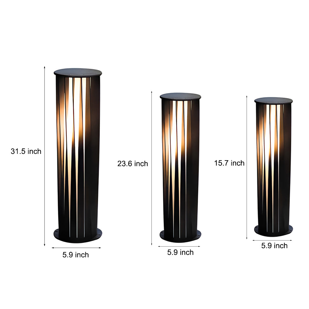Geometric Cage Solar LED Bollard Path Light — Die-Cast Aluminum, Black, IP65, 3000K, Available in 15.7", 23.6", or 31.5"