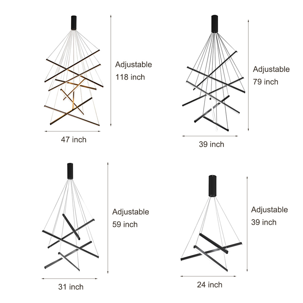 Minimalist Strip LED Chandelier — Black Metal, Stepless Dimming, Remote Control, 3- to 9-Light