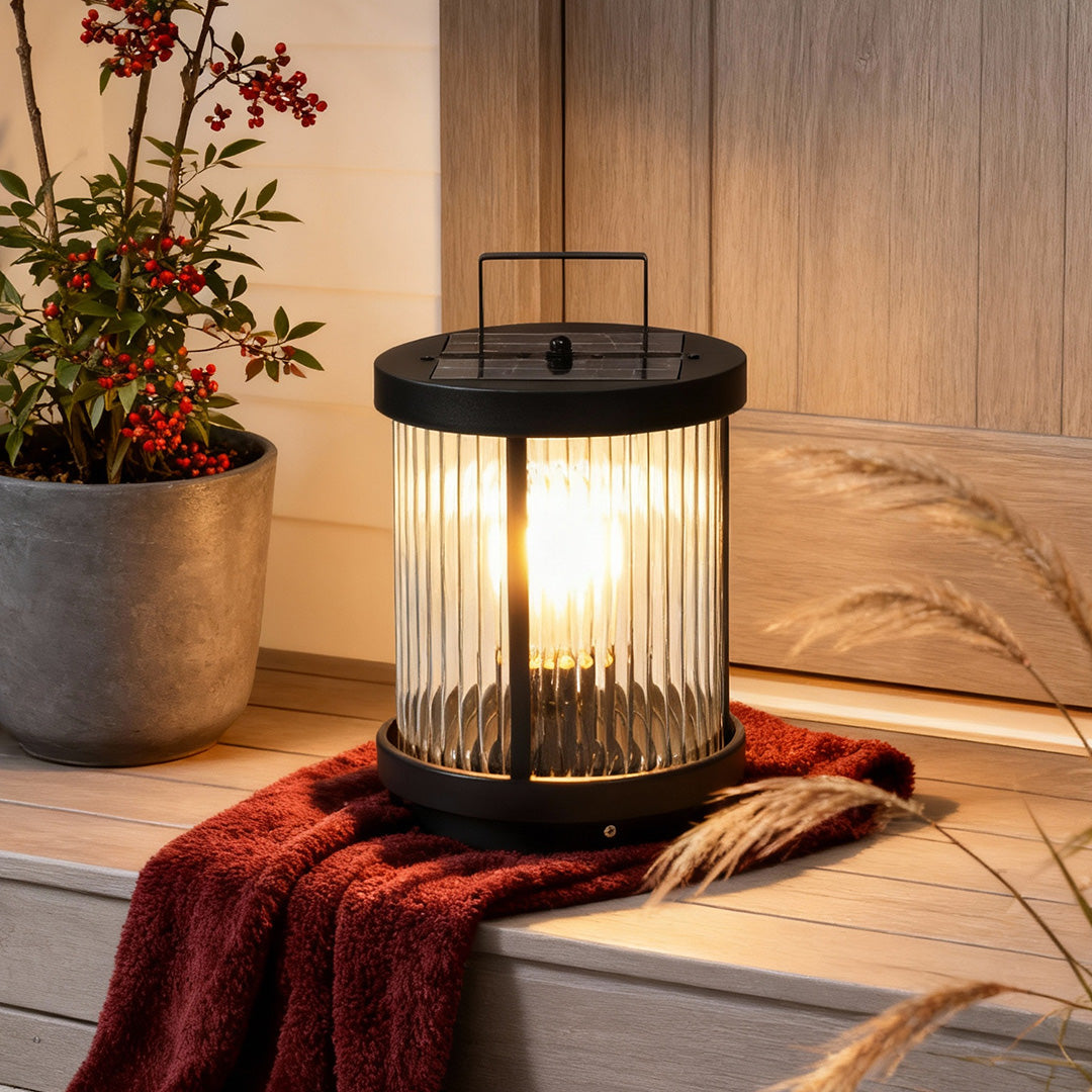 Striped Glass Cylinder Portable Outdoor Lantern — Stainless Steel Handle, LED, Solar / Hardwired, IP54, Warm White 3200K
