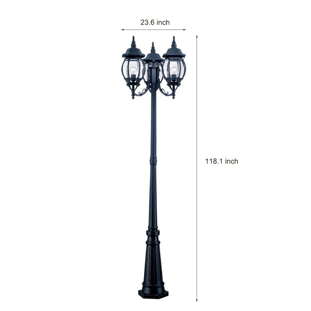 Black Outdoor Post Light — Die-Cast Aluminum and Glass, 3-Light, E27, Waterproof, 3000K Warm White, 23.6" × 118.1"
