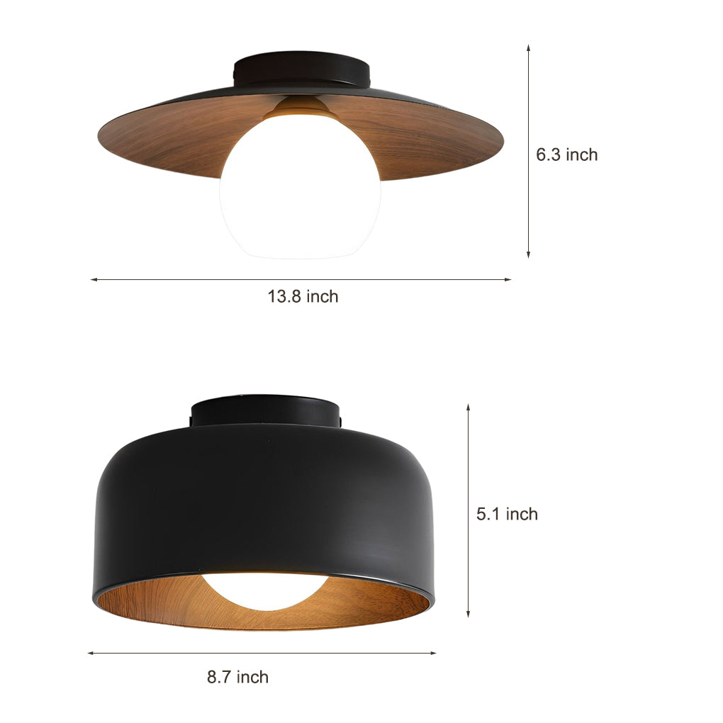 Bowl-Shaped LED Flush-Mount Ceiling Light — Iron and Glass, Imitation Wood Texture, 13.8", 3000K Warm White