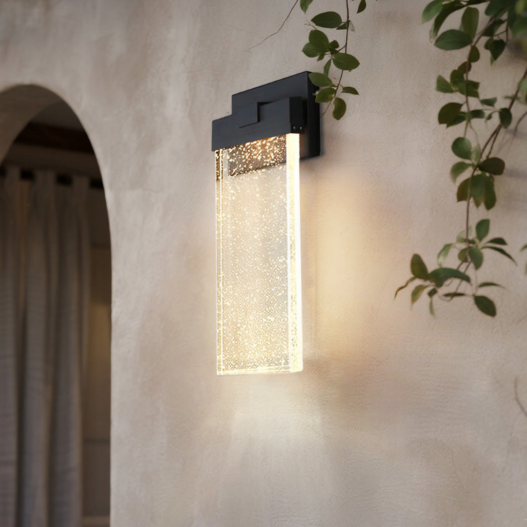 Rectangular Bubble Crystal Outdoor Wall Sconce — Die-Cast Aluminum, LED, 3000K Warm White, 10W / 18W / 24W, IP-Rated Weatherproof