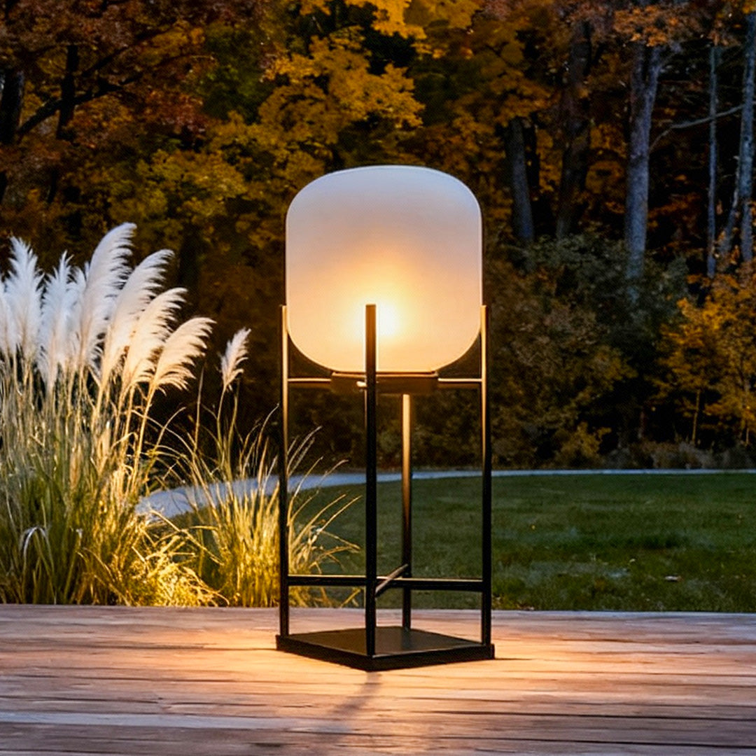 Lantern Outdoor Floor Lamp — Black Stainless Steel & Acrylic, LED, Solar or Hardwired, IP65, 3000K