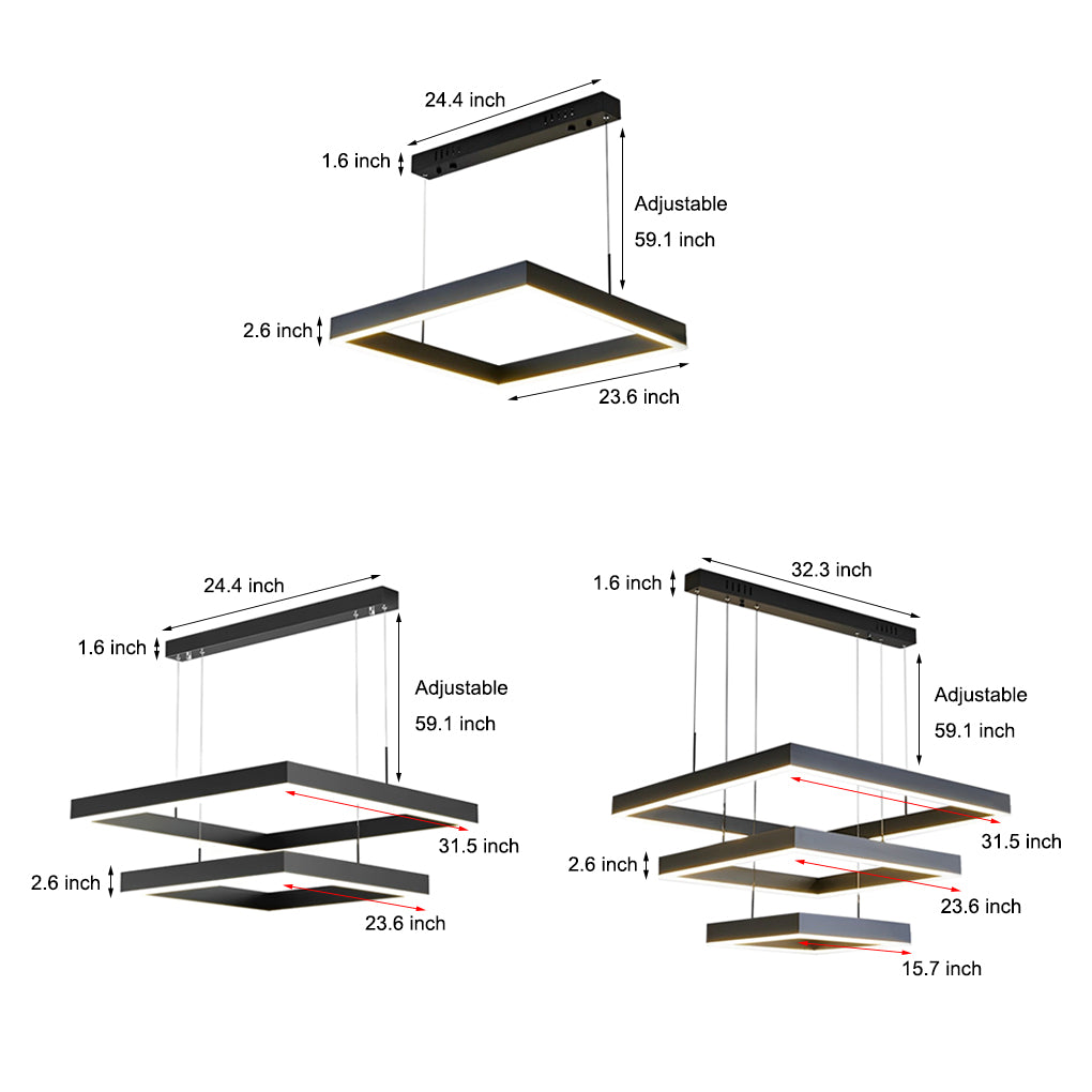 Modern Square LED Chandelier — Black Aluminum, 3-Layer Stepless Dimming, Remote Control