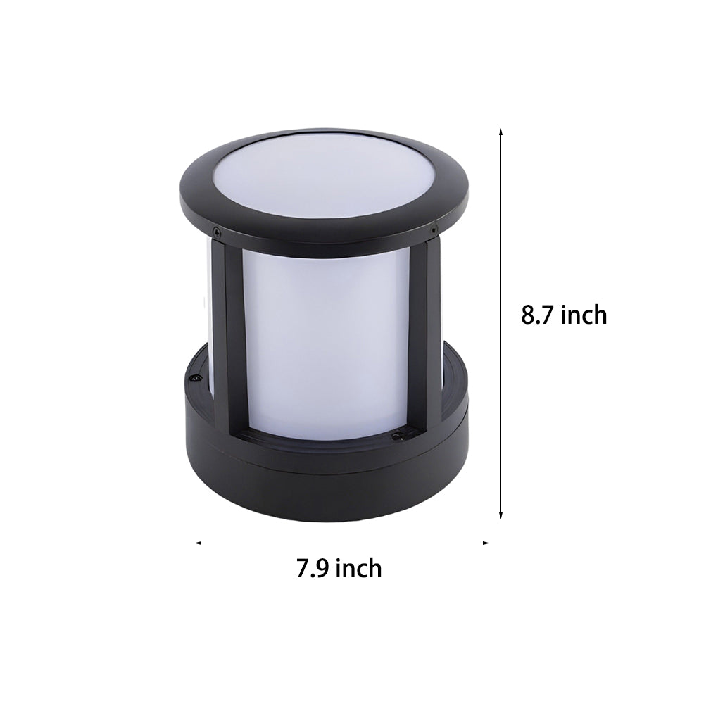 Cylindrical Outdoor Fence Post Light — Matte Black Die-Cast Aluminum, LED 10W, 3000K, IP65, 7.9" × 8.7"