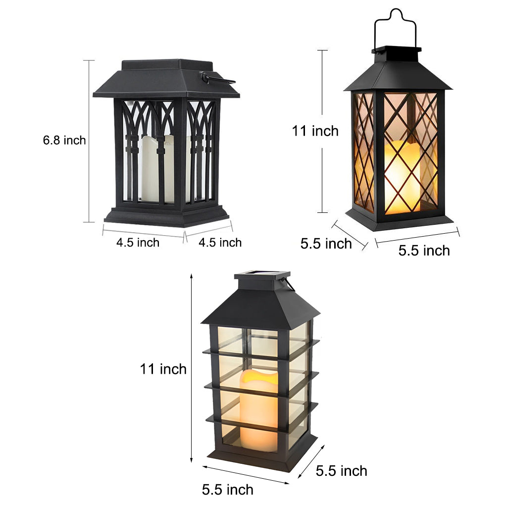 Black Solar Outdoor Portable Lantern — Glass, LED, IP54 Weatherproof, 3000K Warm White