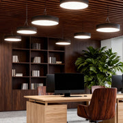Round Minimalist Office Pendant — Matte Black Iron, LED 6000K, 21W–84W Adjustable Hang