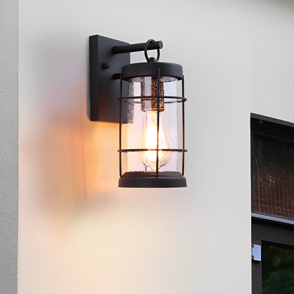 Rustic Lantern Outdoor Wall Sconce — Black Iron and Glass, E27, Waterproof, 5" × 12"