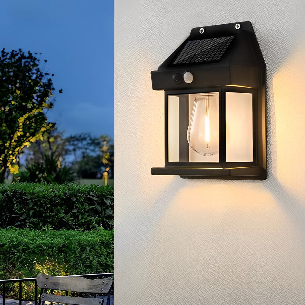 Solar Outdoor Wall Lantern — ABS, Tungsten Bulb, Dusk-to-Dawn Motion Sensor, 3-Mode, IP65, Black or White