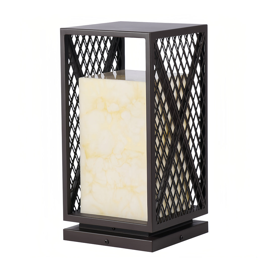 Square Outdoor Bollard Lantern — Galvanized Steel, Marble-Texture Shade, 10W LED 3000K, IP65