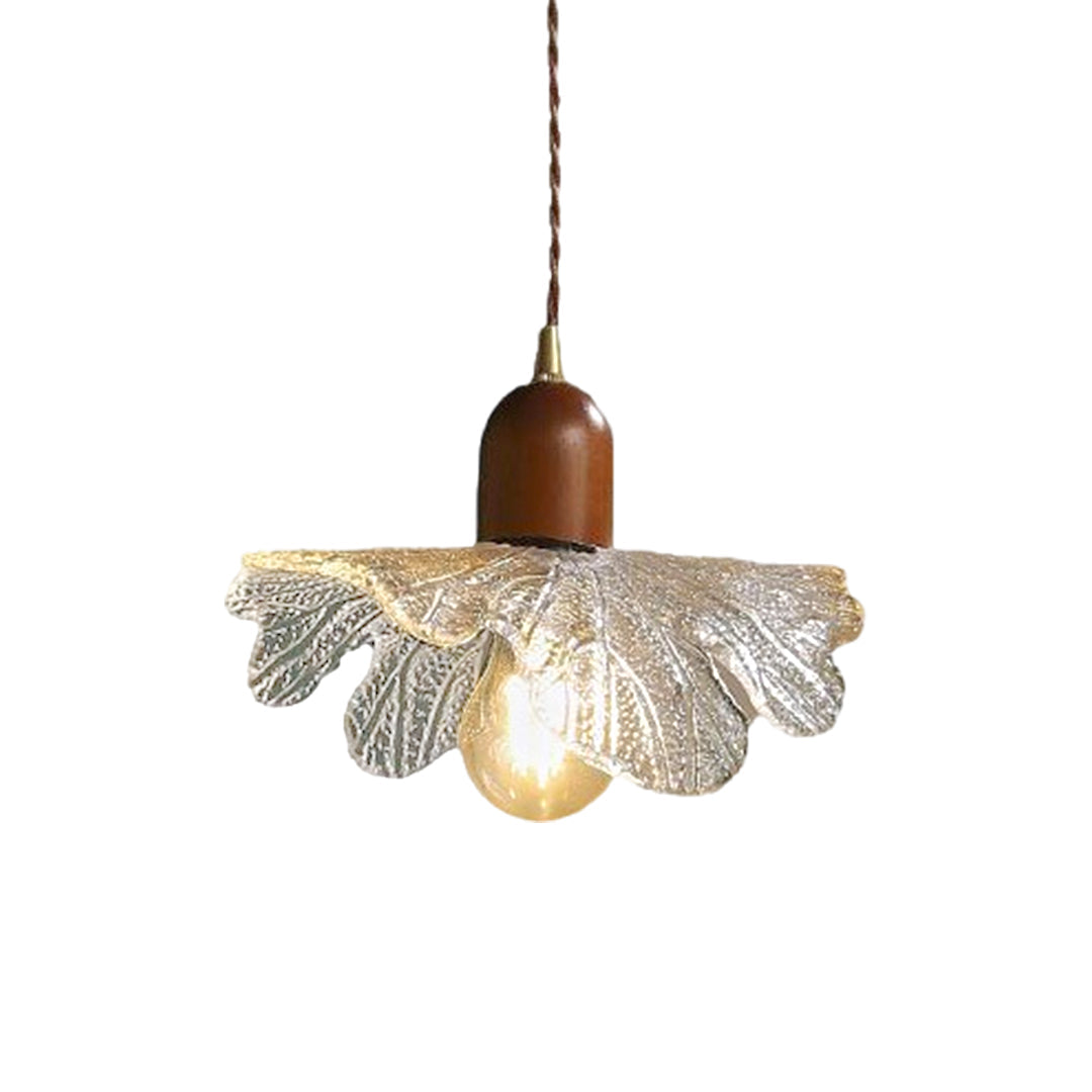 Lotus Leaf Mini Pendant — H65 Brass and Handcrafted Glass, Wood Accent, 1-Light, 3000K Warm, Hardwired