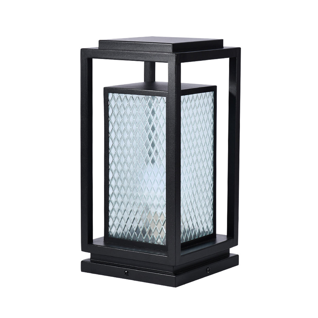 Industrial Square Glass Lantern Bollard — Black, Galvanized Steel, IP65, LED, Hardwired or Solar, 3 Sizes