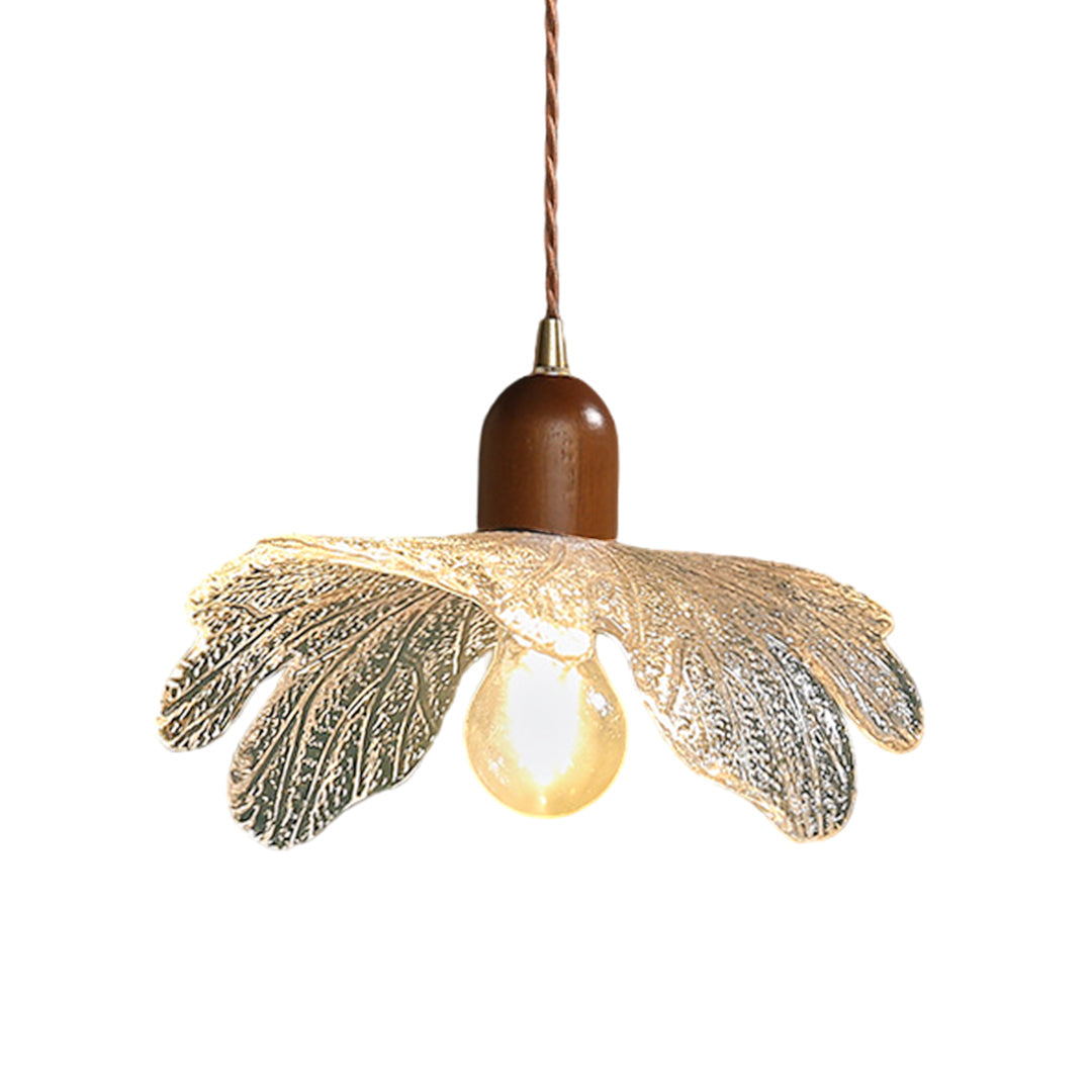 Lotus Leaf Mini Pendant — H65 Brass and Handcrafted Glass, Wood Accent, 1-Light, 3000K Warm, Hardwired