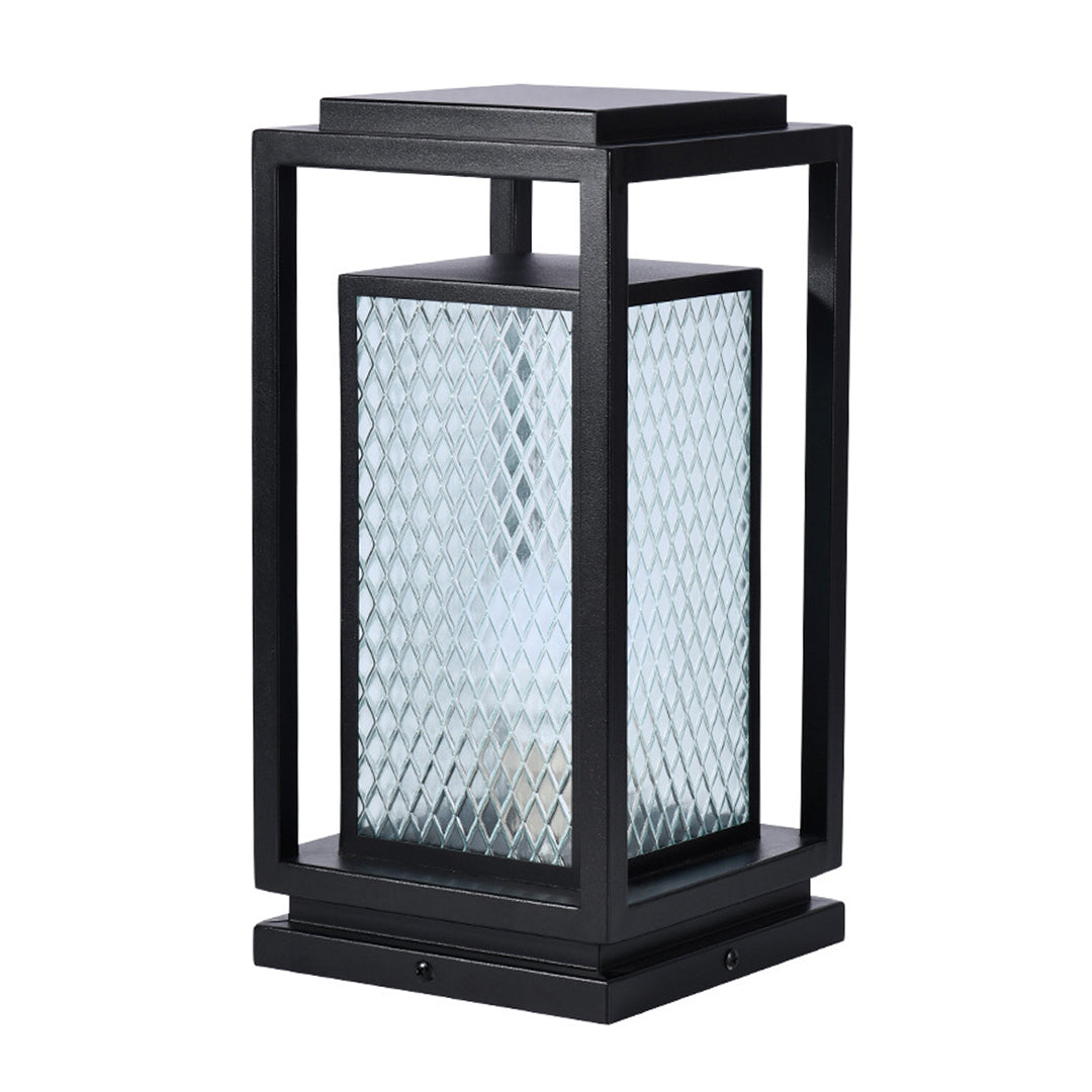 Industrial Square Glass Lantern Bollard — Black, Galvanized Steel, IP65, LED, Hardwired or Solar, 3 Sizes