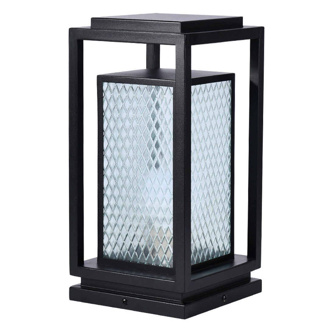 Industrial Square Glass Lantern Bollard — Black, Galvanized Steel, IP65, LED, Hardwired or Solar, 3 Sizes