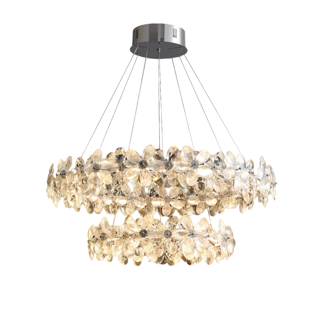 French Flower Crystal Chandelier — Mirror-Polished Metal, K9 Crystal, Stepless Dimming 3000K–6000K, Remote Control, Multiple Sizes