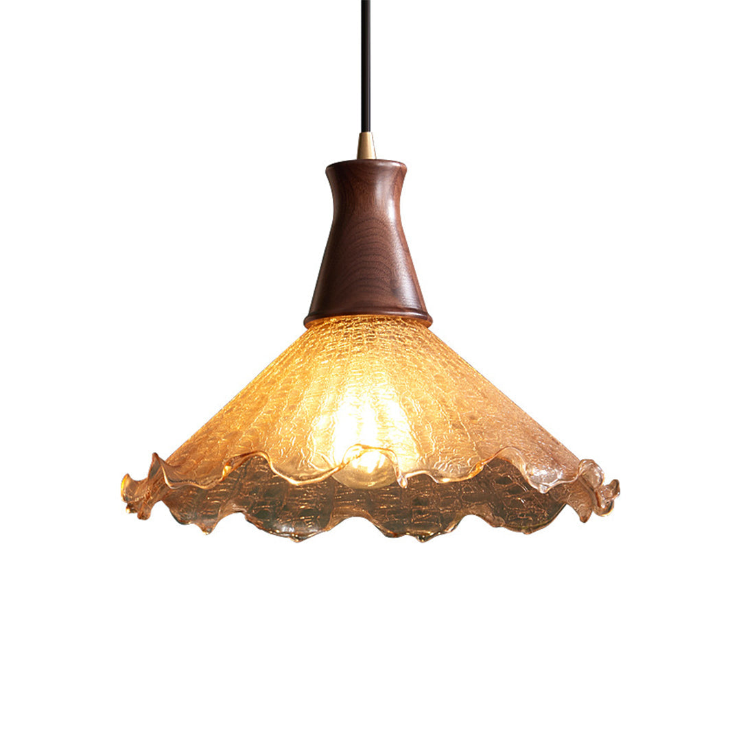 Vintage Brass Mini Pendant — H65 Brass, Cracked Glass, Walnut Wood, E27 LED, 3000K, 1-Light