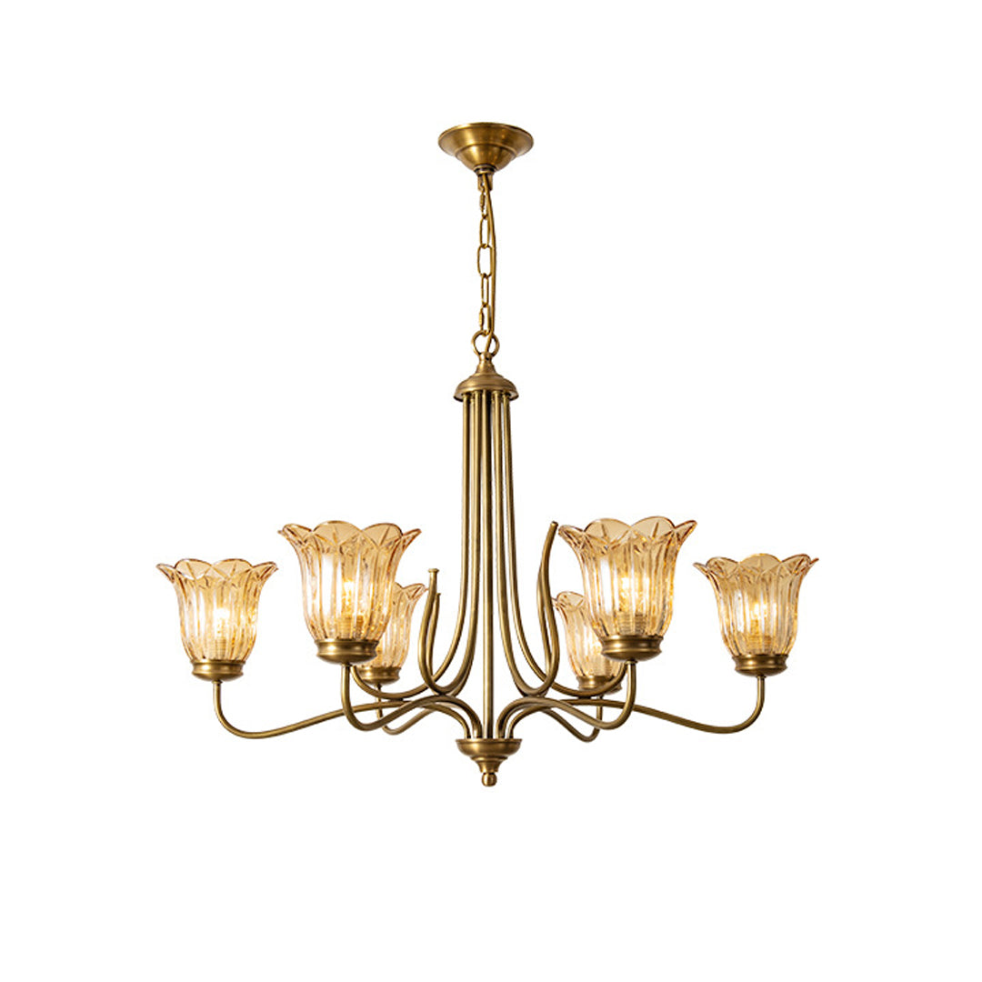 Vintage Gold Glass Chandelier — Full Copper Brass, 6-Light E14, 3-Step Dimming, 31"