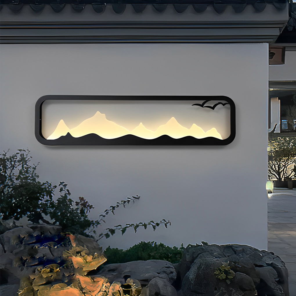Rectangular Mountain Scenery Outdoor Wall Sconce — Black Iron & Acrylic, Industrial, LED, IP65, 14W–28W, 3000K