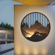 Round Mountain Scenery Outdoor Wall Sconce — Black Iron, LED Waterproof, 16"/24"/31"
