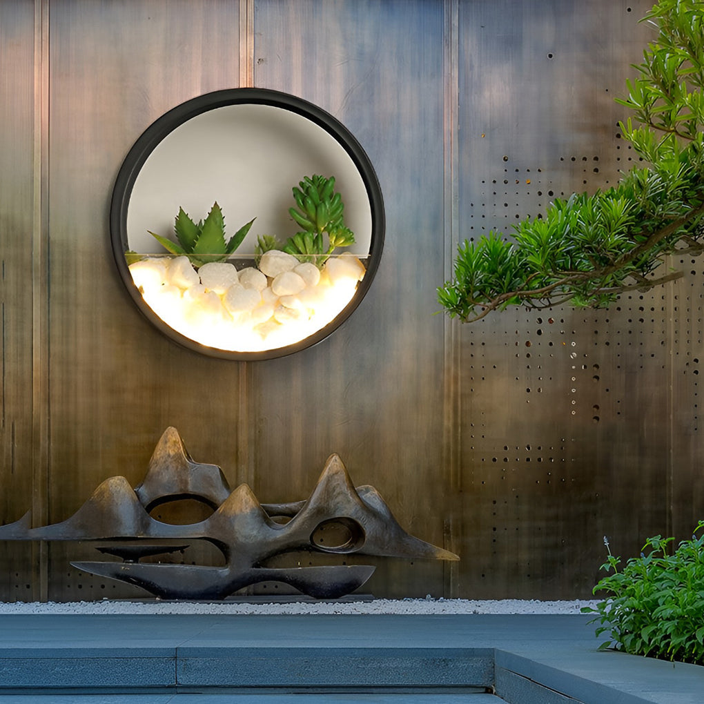 Modern Outdoor Wall Sconce with Artificial Stone and Plant Landscape — Iron, 18W LED, Round, 8"/12"/20"
