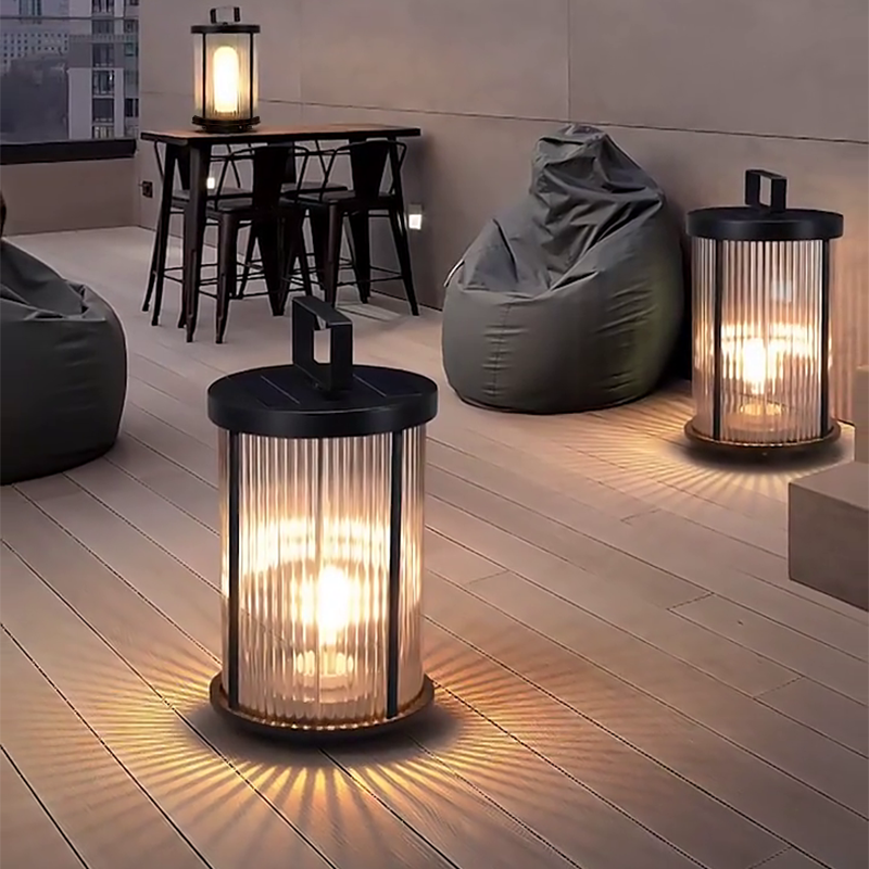 Striped Glass Cylinder Portable Outdoor Lantern — Stainless Steel Handle, LED, Solar / Hardwired, IP54, Warm White 3200K