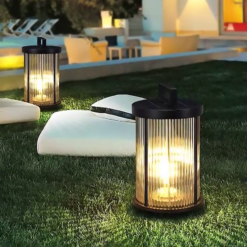 Striped Glass Cylinder Portable Outdoor Lantern — Stainless Steel Handle, LED, Solar / Hardwired, IP54, Warm White 3200K