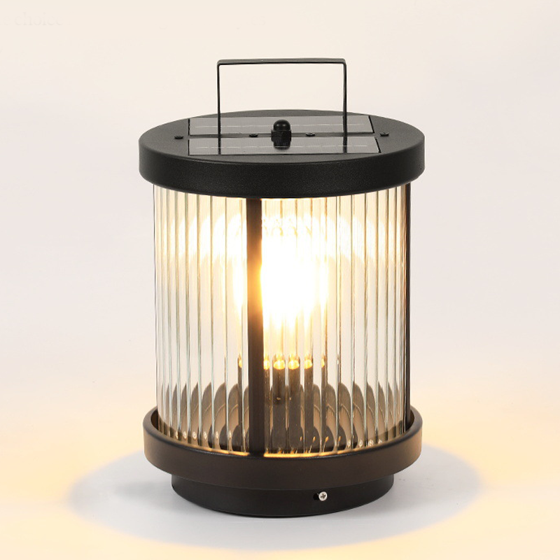 Striped Glass Cylinder Portable Outdoor Lantern — Stainless Steel Handle, LED, Solar / Hardwired, IP54, Warm White 3200K
