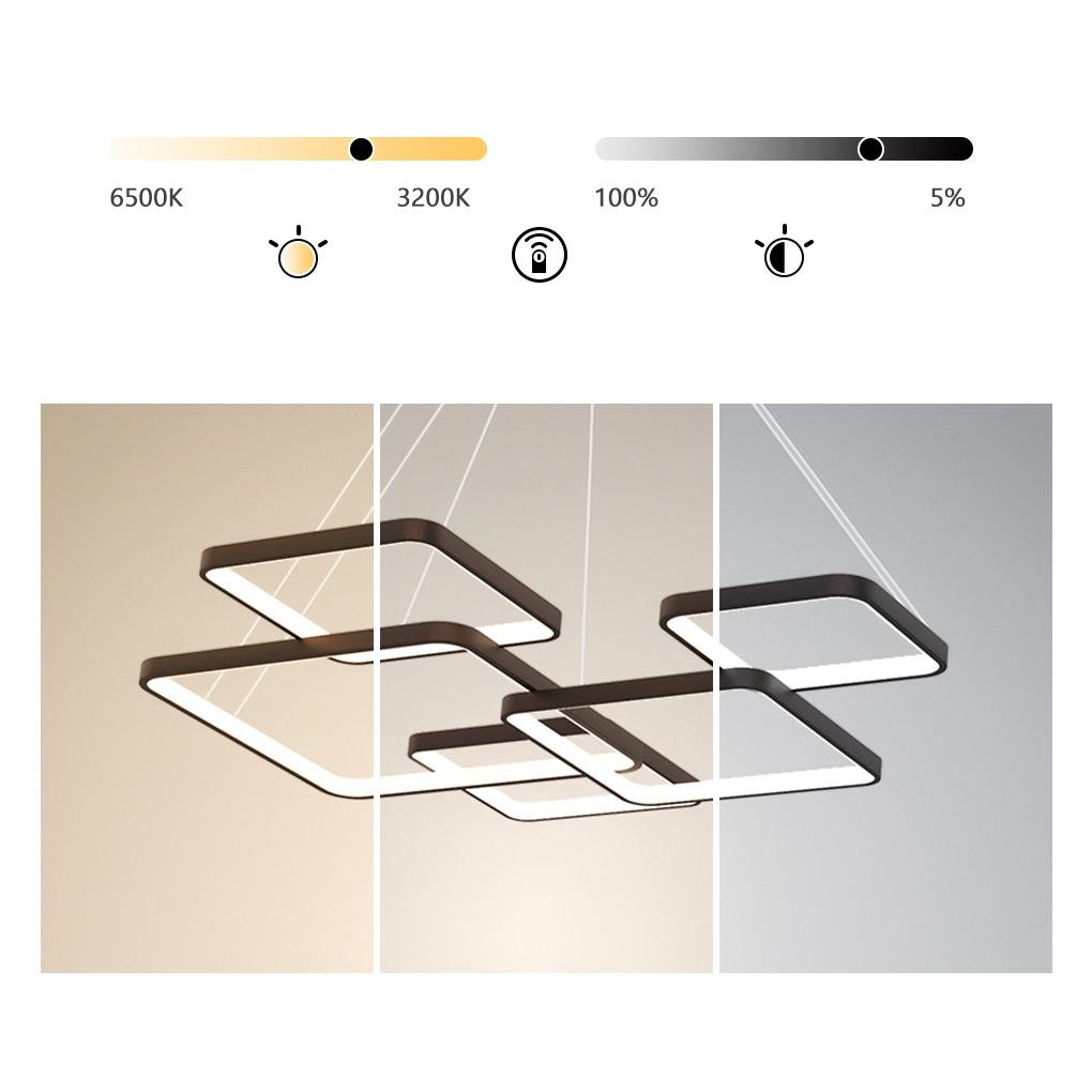 Modern Square LED Chandelier — Aluminum, Coffee Finish, Dimmable 3000K/6000K, Remote Control