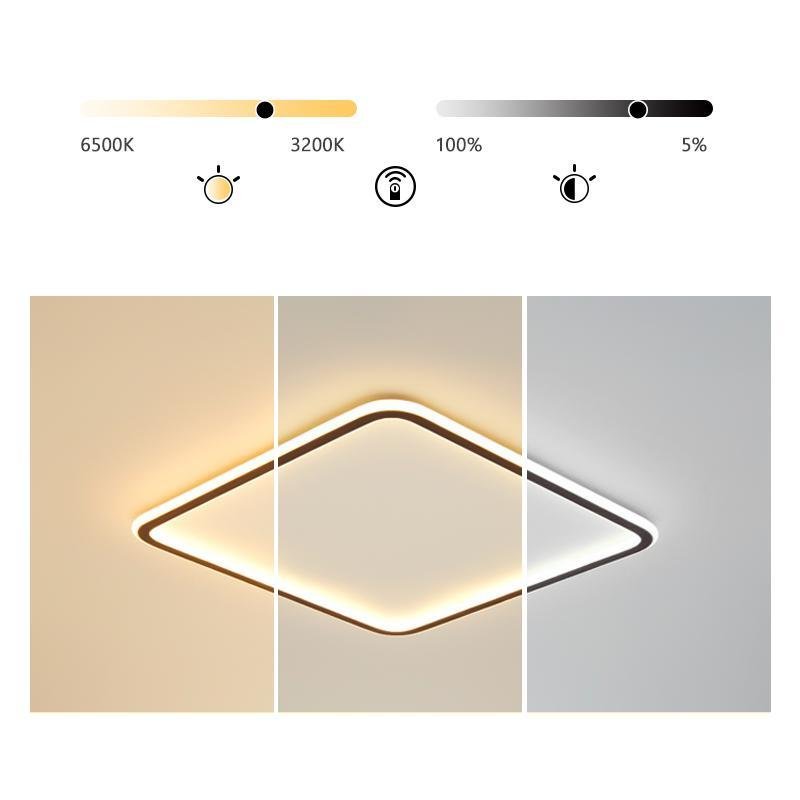 Square Flush-Mount Ceiling Light — Black Aluminum & PMMA, LED, Remote Dimming, 3000K–6000K, 16"/20"/24"