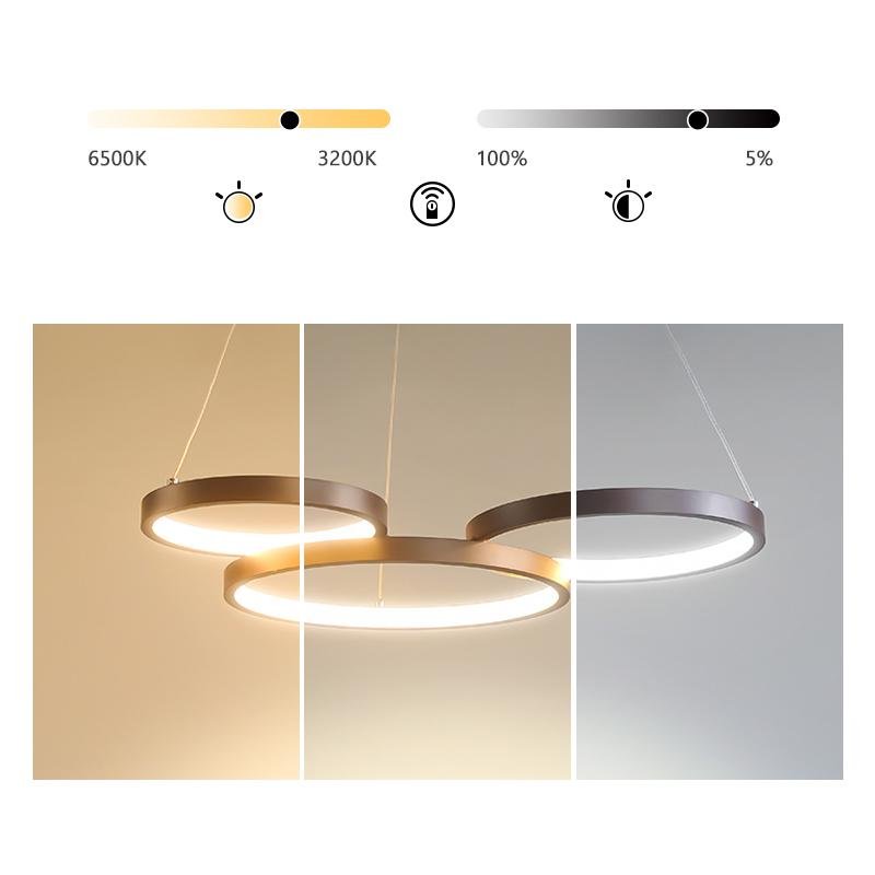 3-Ring Modern Chandelier — Iron and PMMA, Dimmable, Remote Control, 3000K–6000K, 60W