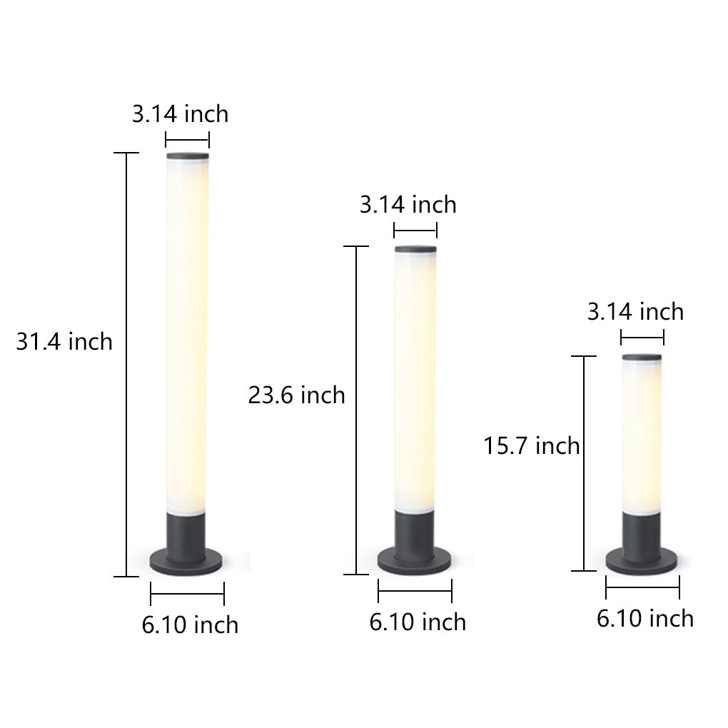Slender Cylindrical Outdoor Bollard Light — Die-Cast Aluminum & PMMA, Integrated LED, 3000K, IP54, 16"/24"/32"