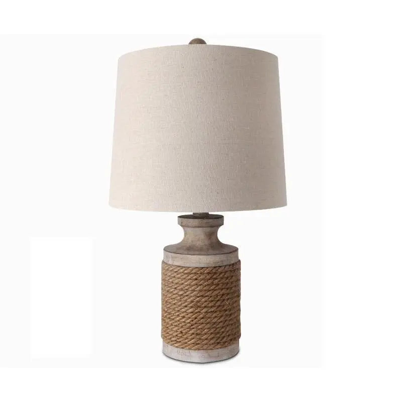 Stone Table Lamp with Rustic Oatmeal Fabric Shade and Rope Accent Luxe