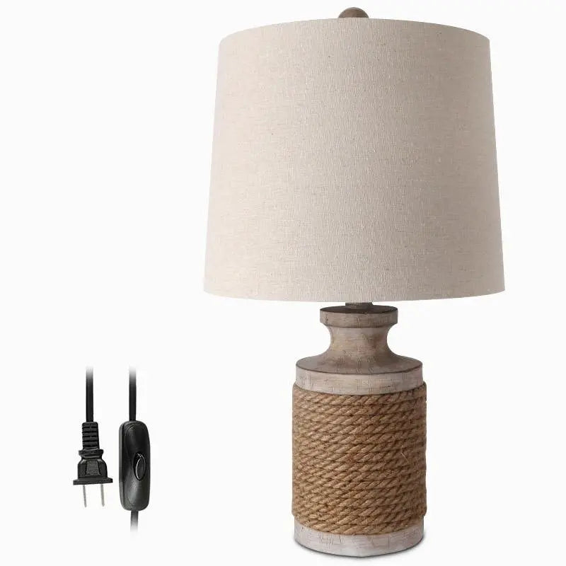 Stone Table Lamp with Rustic Oatmeal Fabric Shade and Rope Accent Luxe