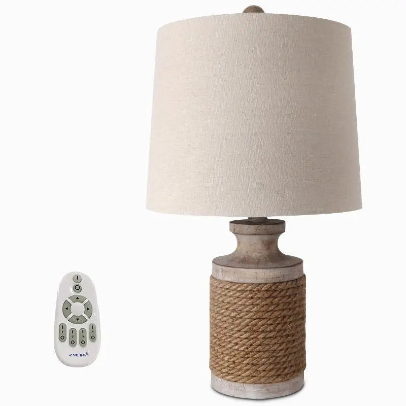 Stone Table Lamp with Rustic Oatmeal Fabric Shade and Rope Accent Luxe