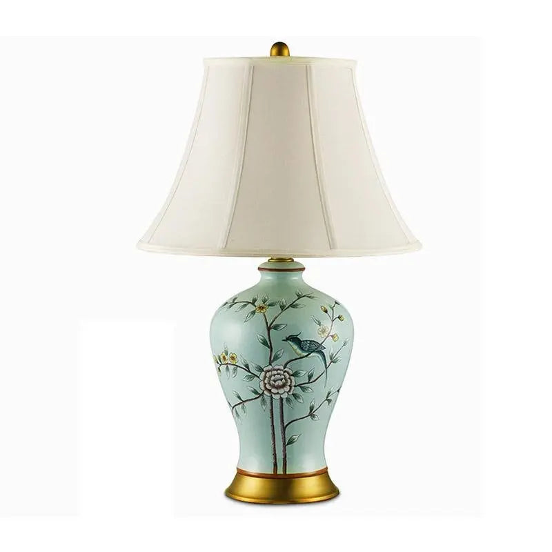 23-Inch Porcelain Table Lamp with Vivid Oriental Branches and Birds Design Luxe