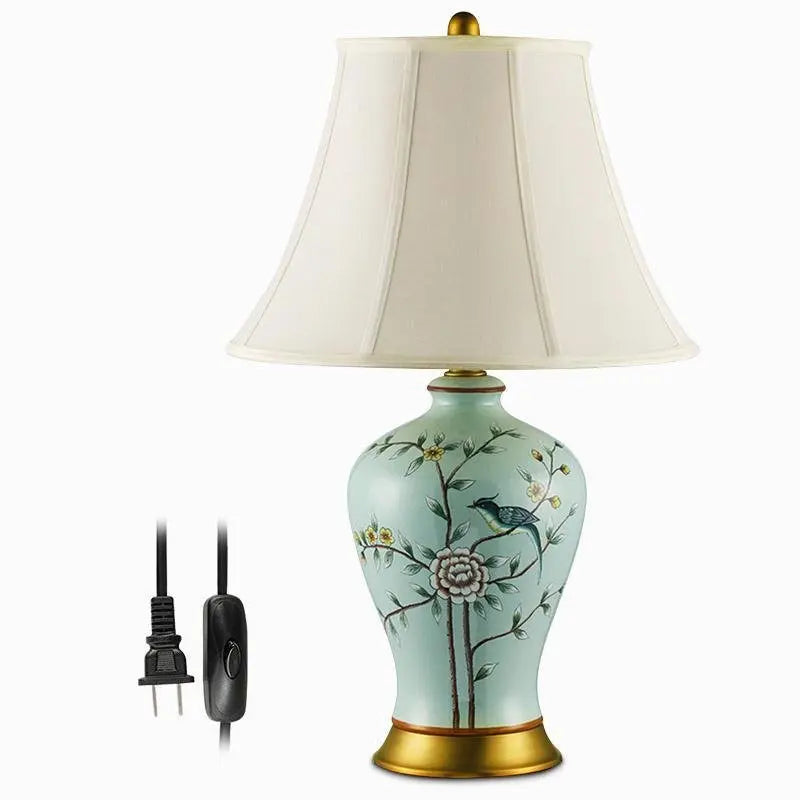 23-Inch Porcelain Table Lamp with Vivid Oriental Branches and Birds Design Luxe
