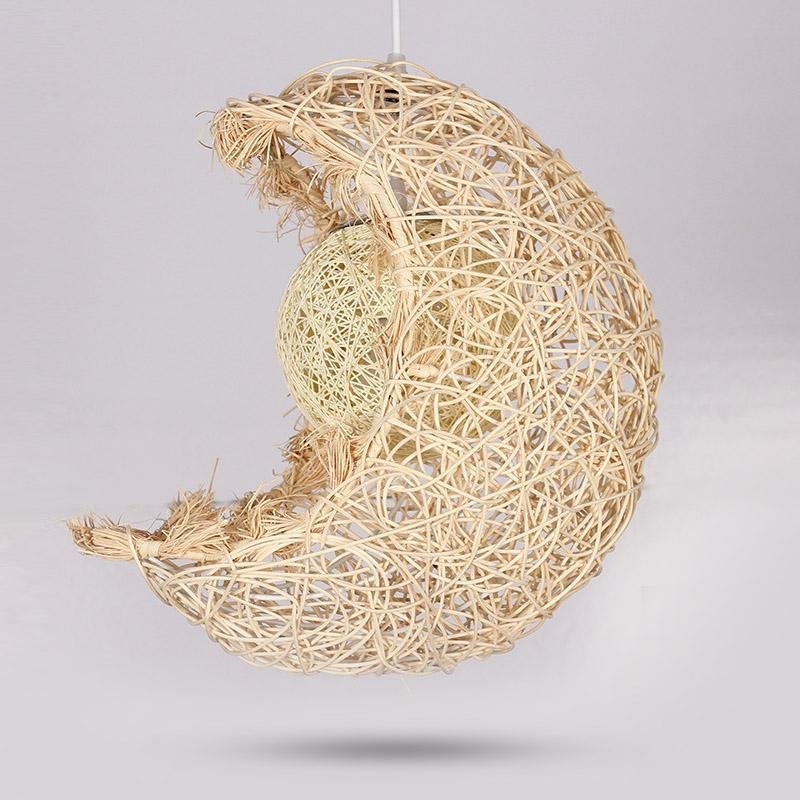Moon-Shaped Farmhouse Pendant — Wicker Rattan, 12" Diameter, Hardwired, LED Integrated