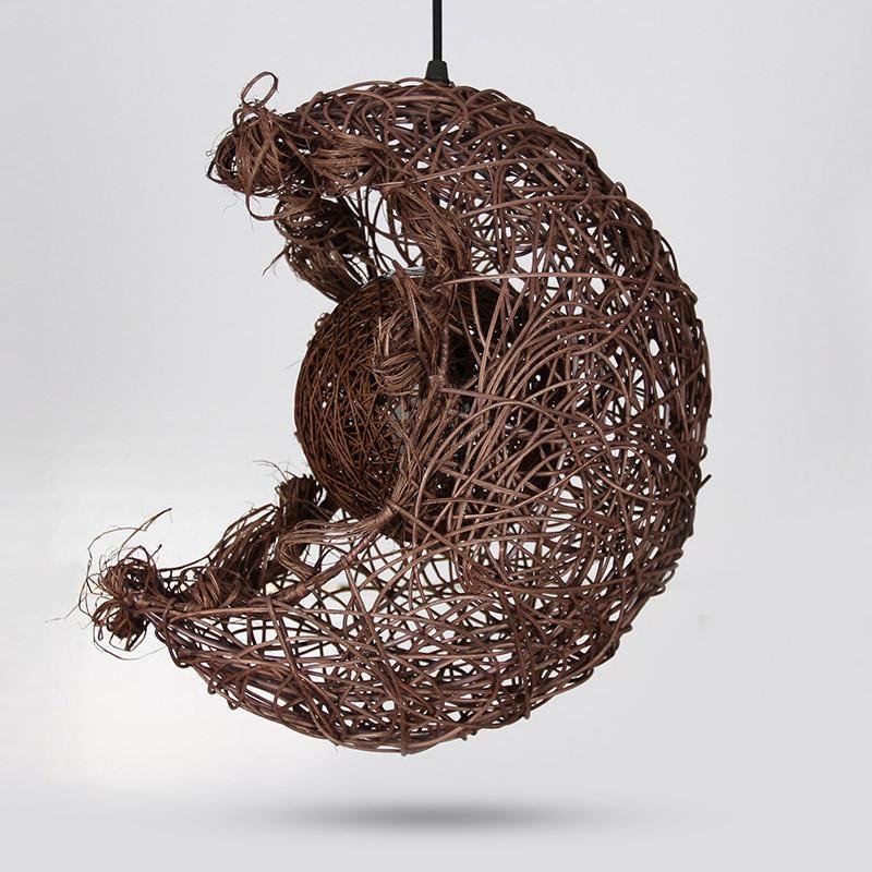 Moon-Shaped Farmhouse Pendant — Wicker Rattan, 12" Diameter, Hardwired, LED Integrated
