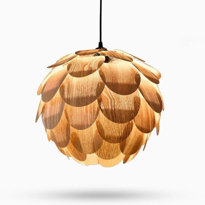 Pineapple-Shaped Rustic Wood Pendant Light — Ash Wood, 15" Diameter, LED, Hardwired, 48" Adjustable Cord