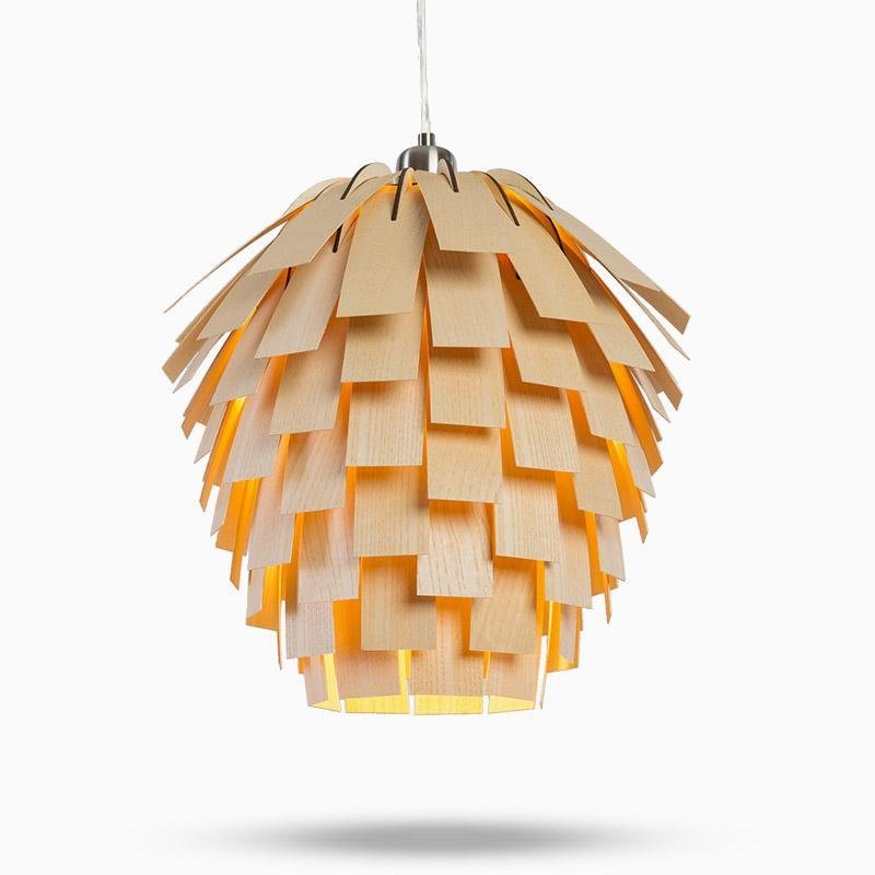 Artichoke Pendant Light — Rustic Wood, 16" Diameter × 16", Hardwired, Adjustable 48" Cord