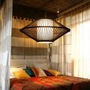 Circular Quasi-Pyramid Bamboo Pendant — Black, Acrylic Shade, 30W, 16"/20"/24" Diameter