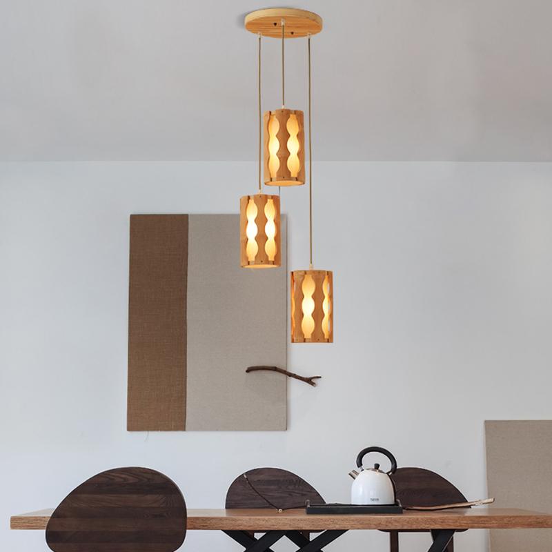 Rustic Bamboo Multi-Light Pendant — Squiggly Light Gaps, E26/E27, 14" Dia × 20" H, Adjustable Cable