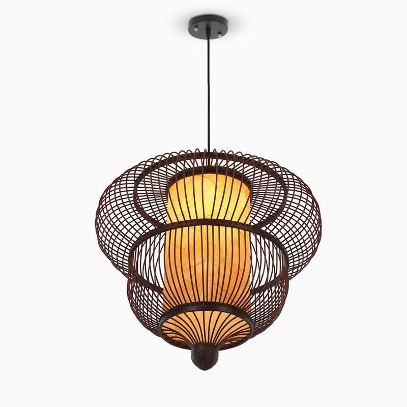 Two-Tier Moroccan Pendant Light — Bamboo, Dark Brown, Large Central Bulb, E26/E27, 20" Diameter