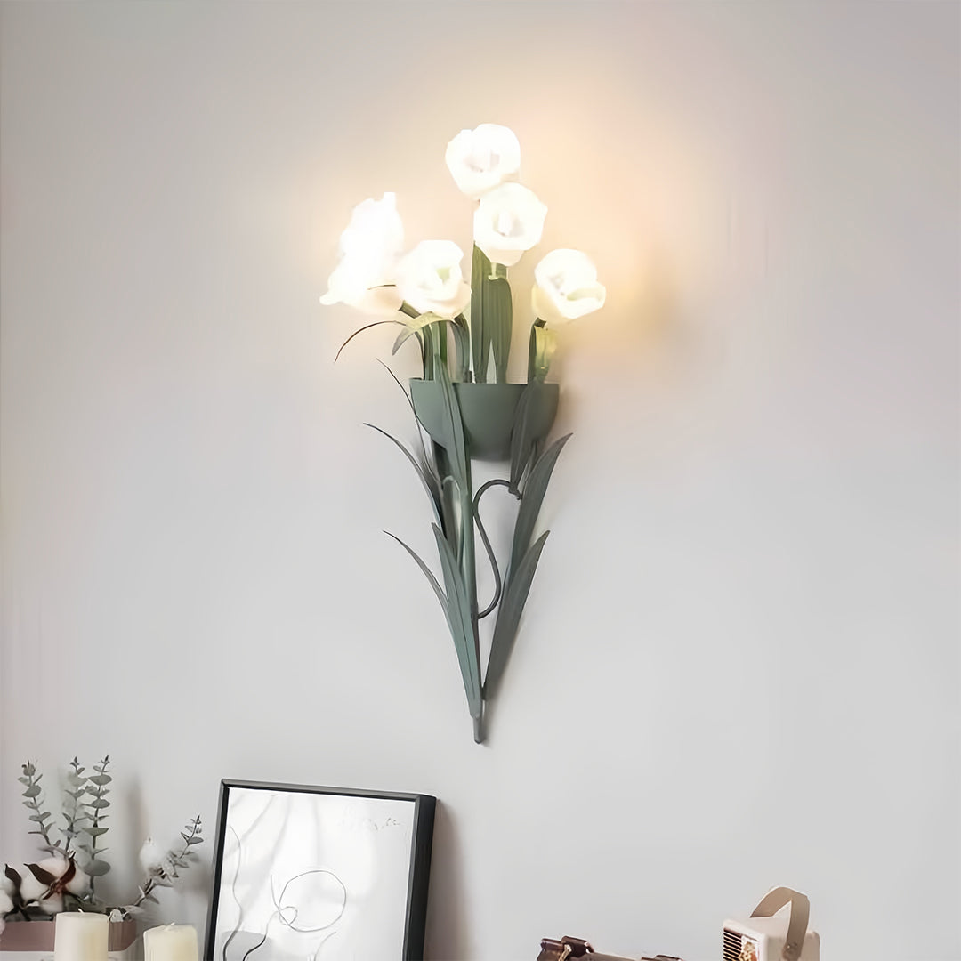 Blooming Flower Art Deco Wall Sconce — Green Iron, Clear Glass, 18W Hardwired, 3-Step Dimming (3000K/4500K/6000K)